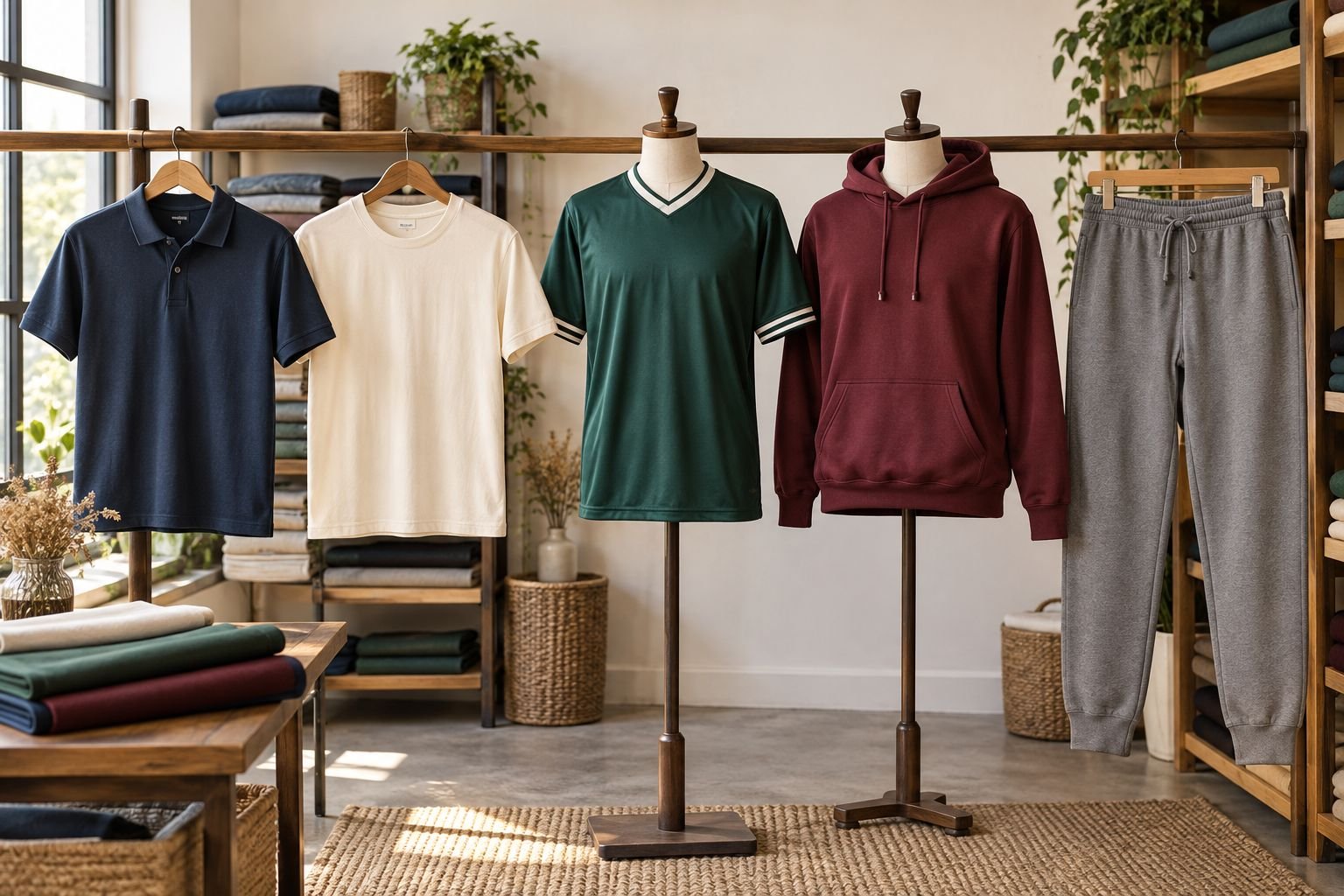 Minh họa áo polo, áo thun, hoodie, quần jogger may từ các dòng vải thun.